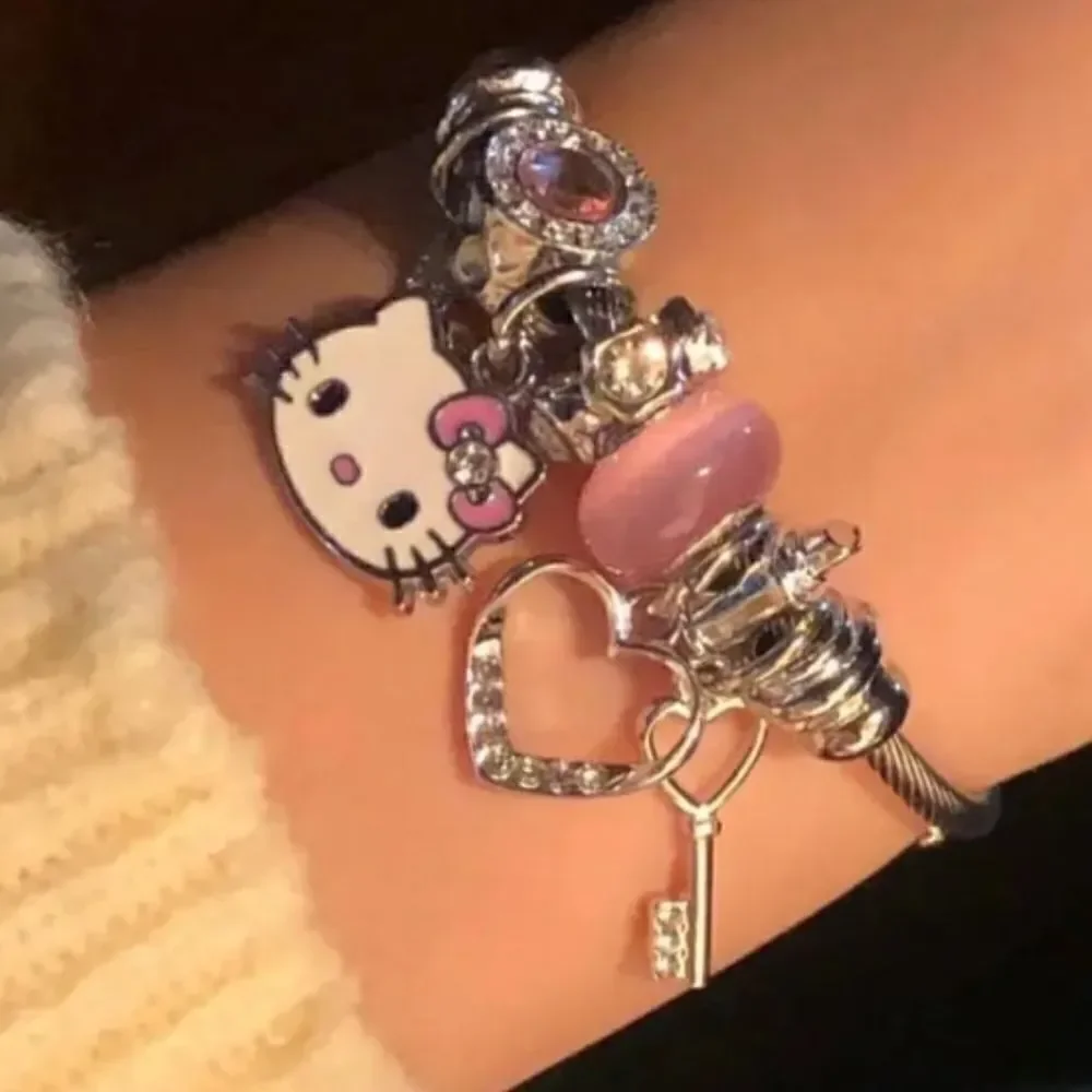 Hello Kitty Charm Pendant Silver & Pink Tone Bangle Bracelet